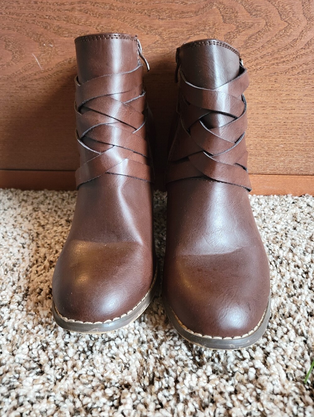 Women's Brown Ankle Boots with Crisscross Wrap Straps